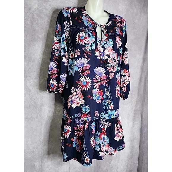 Blue Ruffle Floral Shift Dress Womens‎ Small Short Tie Neck Line Philosophy - Picture 2 of 9